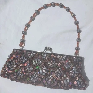 Beaded Satin Brown Bag Hand or Shoulder Option Purse Small with Clasp - Awesome! - Picture 1 of 12