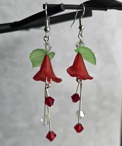 Handmade Red Morning Glory Trumpet Flower Earrings. September Birth Flower - Picture 1 of 7