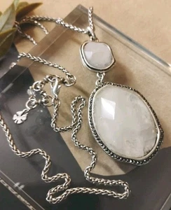 LUCKY Brand 24"+ Silver Tone Braided Chain QUARTZ Stone Drop Pendant Necklace! - Picture 1 of 11