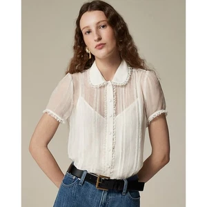 J.Crew Sheer Lace-trim Button-up Shirt WMNS 4 White Cupro Crinkle Short Sleeve - Picture 1 of 7