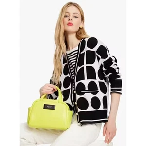 Kate Spade Noel Logo Cardigan Geometric Black White 100% Wool Pearl Buttons M - Picture 1 of 8