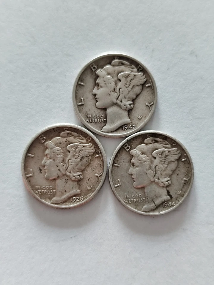 Lotto 3 Pezzi Dime 1926 1942 1944 Argento USA Stati Uniti Ref23790J - Immagine 1 di 2