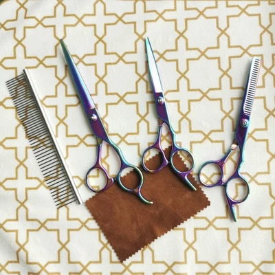 Juego de tijeras de aseo de mascotas tijeras adelgazantes curvas peine #5 piezas kit Foto 1 de 4