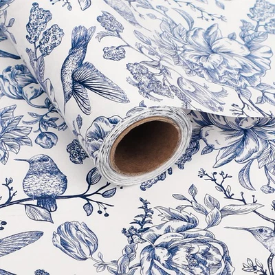 1 Roll Blue Floral Bird Wrapping Paper Mini Roll, Flower Pattern Gift 17in 32ft - Image 1 of 4