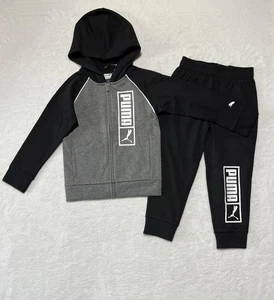 PUMA Sweatshirt Sweatpants Set Kids Boys 5 Black Grey 2 Piece Outfit Hooded New - Picture 1 of 12