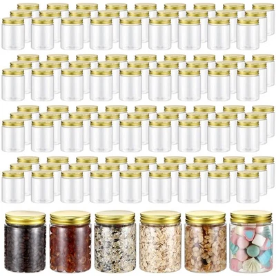 200 Pcs 8 oz Clear Plastic Mason Jars Containers With Screw on Gold Lids Refi... - Image 1 of 4