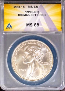 1993-P $1 Silver Thomas Jefferson Dollar MS 68 ANACS # 7696066 + Bonus - Picture 1 of 2