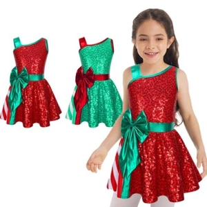 Girls Sequins Striped Dance Dress Figure Skating Dresses Christmas Party Costume - Picture 1 of 28