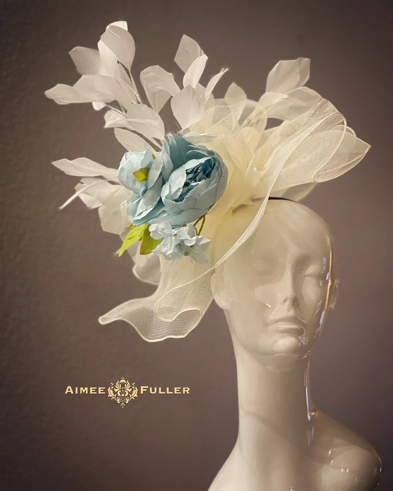 Royal Ascot Fascinator Kentucky Derby Hat Off White Cream Light Blue Easter Hat - Image 1 of 4