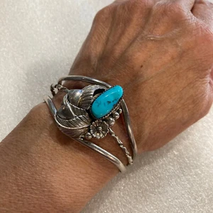 Navajo signiertes türkisfarbenes Sterlingsilber Manschettenarmband 25,3 g Vintage 5-1/8" - Bild 1 von 12