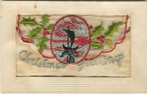 WWI, CHRISTMAS GREETINGS, SAILING SHIP - Embroidered Silk Greetings Postcard - Picture 1 of 2