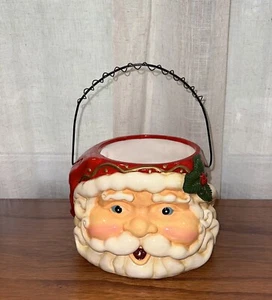 Vintage “Holly Jolly” Santa Clause Face Ceramic  Bucket W/wire Handle 6.5”T 9” W - Picture 1 of 6
