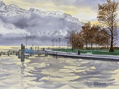 TABLEAU  AQUARELLE Peinture originale - Lac d'Annecy - Montagne Lac Haute-savoie - Photo 1/4
