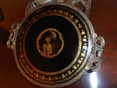 Vintage  Exquisite Brass with Black & Gold Glass Top : Divided Covered Dish  - Image 1 of 4