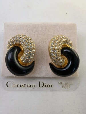 Pendientes Christian Dior Vintage Esmalte Negro Estrás 14k Poste Perforados Nuevo de Lote Antiguo Foto 1 de 4