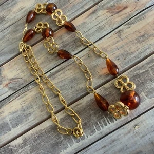 Vintage gold tone amber acrylic bead swirl link necklace  - Picture 1 of 6