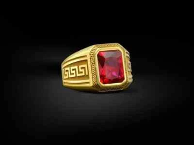 3Ct Emerald Cut Lab Created Ruby Solitaire Men Pinky Ring 14K Yellow Gold Plated - Image 1 of 4