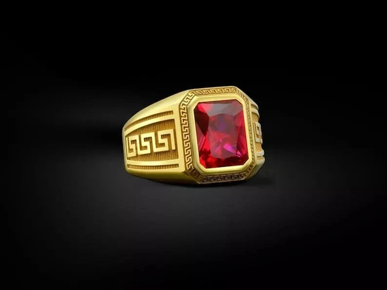 3Ct Emerald Cut Lab Created Ruby Solitaire Men Pinky Ring 14K Yellow Gold Plated - Image 1 of 4