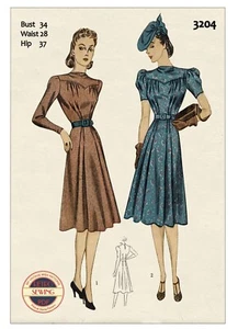 1930s Long or Short Sleeve Day Dress Vintage Sewing Pattern Bust 34 - Picture 1 of 2