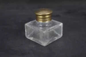 Antique Square Thick Glass Decanter with Brass Cap - Unique Home Office Decor - Picture 1 of 8