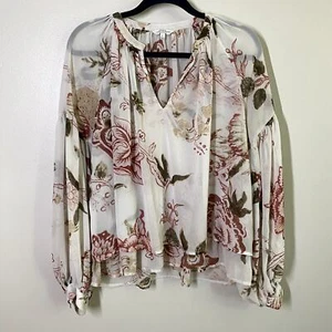 Lucky Brand Beige Floral Print Long Sleeve Flowy Boho Blouse Size L - Picture 1 of 5