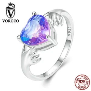 Voroco S925 Sterling Silver Guardian Glass Wedding Rings European Women Jewelry - Picture 1 of 12