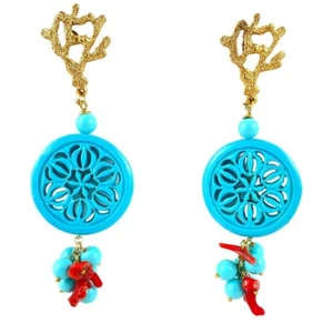 handmade pendant earrings italy metal textured coral turquoise natural stones - Picture 1 of 8
