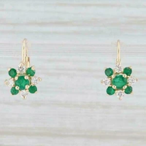2Ct Round Cut Lab Created Emerald Flower Floral Earrings 14K Yellow Gold Plated - Picture 1 of 3