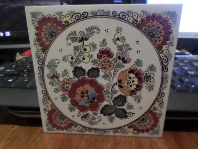 Vintage Tile Art with Flowers, made in Holland 6" Hand Painted by Delfts - Image 1 of 4