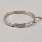 Hinged Bangle Bracelet Vtg Etched Silver Plated Safety Chain