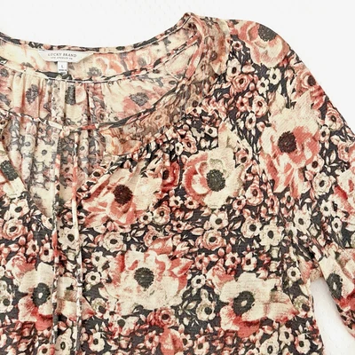 Lucky Brand Women's Peasant Top L Blush Multi Floral Metallic Tassel Tie Neck - Image 1 of 4
