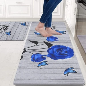 Ikfashoni Blue Floral Kitchen Rugs Sets of 2 Farmhouse Cushioned Anti Fatigue... - Picture 1 of 7