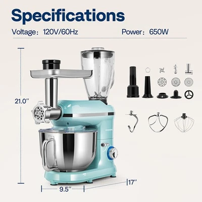 3in1 6Qt Food Stand Mixer 650W 6-Speed Meat Grinder Juice Blender ETL Certified - Image 1 of 4
