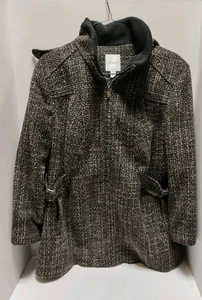 Croft & Barrow 1X Coat Black Brown White Blended Hooded Full Zipper Long Sleeve - Picture 1 of 7