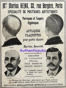 PUBLICITE MARIUS HENG POSTICHE ARTISTIQUE PERRUQUE TOUPET DE 1918 AD PUB RARE - Imagen 1 de 1