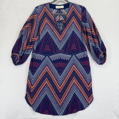 Amanda Uprichard Silk Mini v neck lace up Dress S Chevron Print Boho geometric - Image 1 of 4