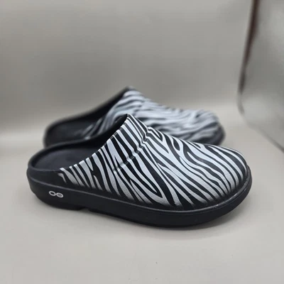 Oofos OOcloog Womens 10 Slip On Clogs Zebra Black White Striped Mules Recovery* - Image 1 of 4