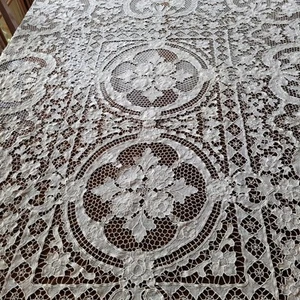 Vintage Cream Needlelace Burano Richelieu Point De Venise Lace Tablecloth 210cm - Picture 1 of 23
