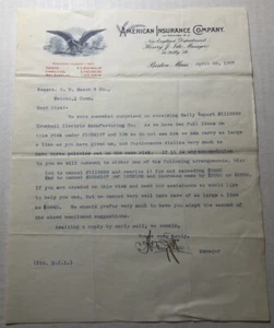 1907 Membrete American Insurance Company Boston, Mass. - Imagen 1 de 1