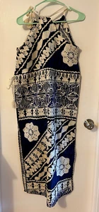 VTG 1990s BATIK Hawaiian Polynesian dress Hilo Hattie-style fabric BLUE 36" Bust - Picture 1 of 15