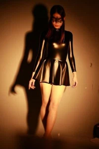 Women Wetlook Faux Latex Dress Long Sleeve Cosplay School Uniform sexy Costume - Picture 1 of 11