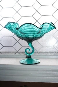 Large Vintage Murano Compote Teal Art Glass With Curl Stem - Picture 1 of 7