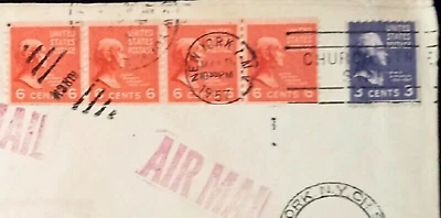PREXIE 6c COIL STRIP w LINE PAIR - ADDRESSED OVERSEAS but RETURNED for POSTAGE ! - Image 1 of 4