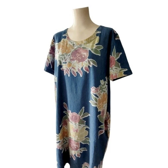 Vestido recto Denim&Co estampado floral azul elástico talla grande nuevo sin etiquetas Foto 1 de 4