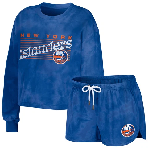 Women's WEAR by Erin Andrews Royal New York Islanders Tie-Dye Cropped Pullover Cover