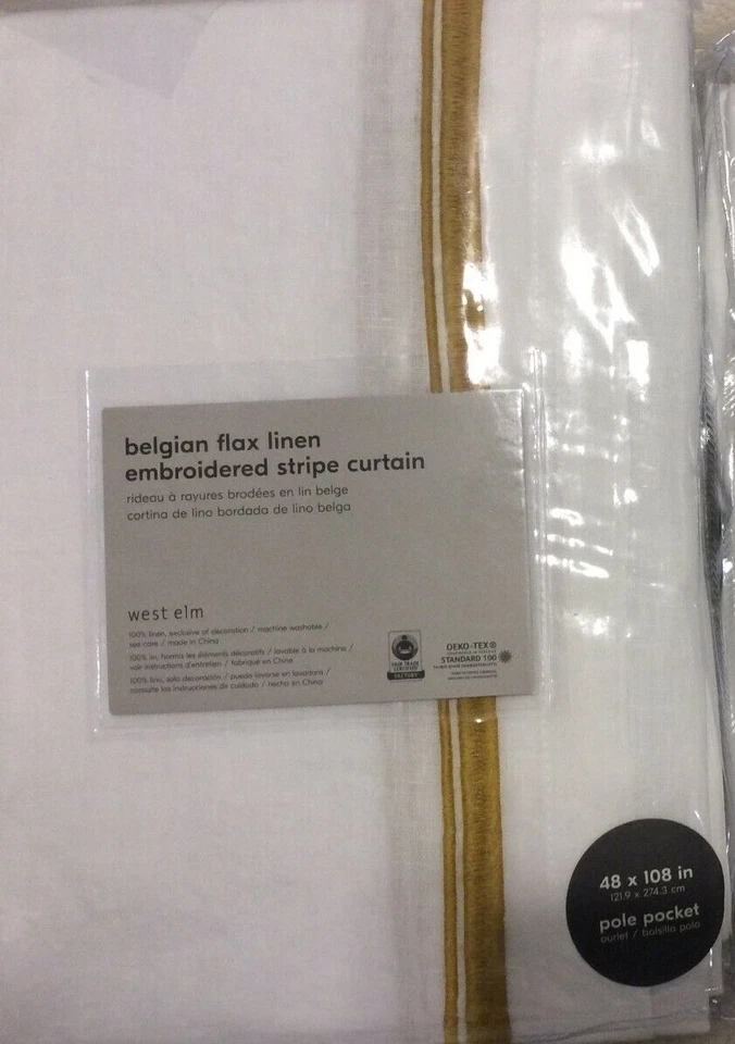 West Elm 1 Belgian Linen Embroidered Stripe Curtain 48x108 White Dk Horseradish - Image 1 of 1