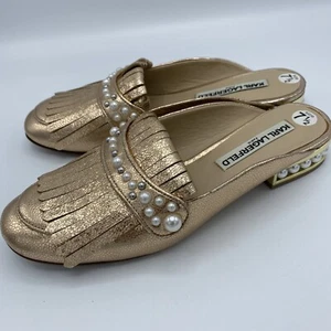karl Lagerfeld gold Leather mule slides white pearls 7.5 Gorgeous Excellent - Picture 1 of 6