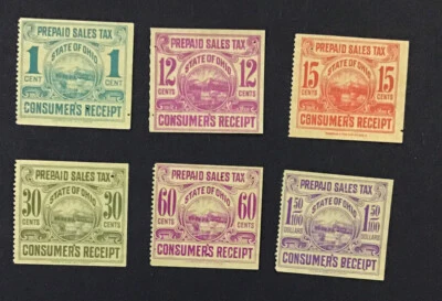 Ohio Prepaid Sales Tax Stamps 6 different. 1c, 12c, 15c, 30c, 60c,$1.50, Ex Fine - Image 1 of 2