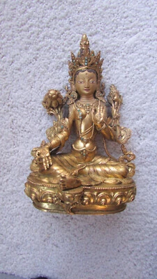 ANTIQUE NEPAL BRONZE TURQUOISE GREEN TARA KWAN-YIN BODHISATTVA - Image 1 of 3
