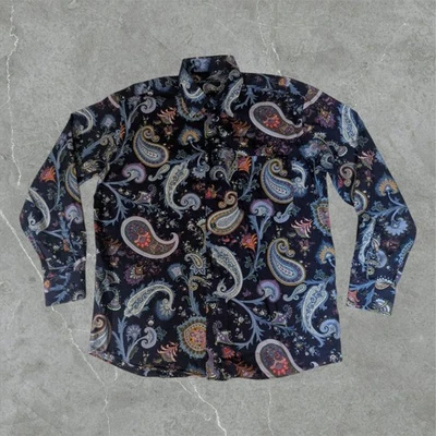 Camisa Alan River Hombre Grande Con Botones Manga Larga Azul Marino Paisley AOP Foto 1 de 4